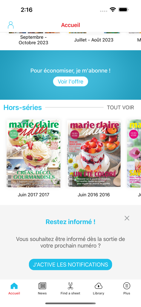 Marie Claire Idées - Home screen of the Marie Claire Idées app featuring special edition magazine covers for creative DIY projects and home decor