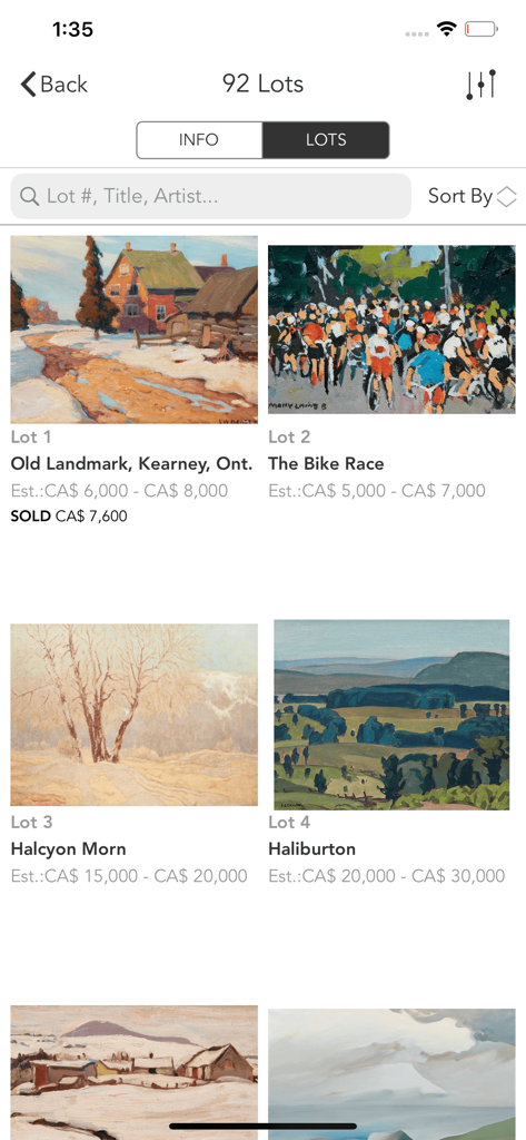 Cowley Abbott - A mobile interface of the Cowley Abbott app showing a grid of art lots for auction with titles, estimated prices, and sold status.
