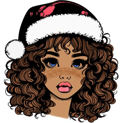 realistic girl with a santa hat curly hair and lips