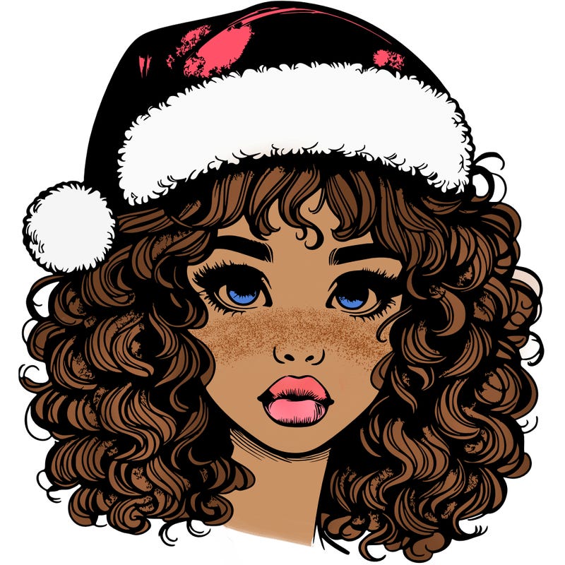 realistic girl with a santa hat curly hair and lips