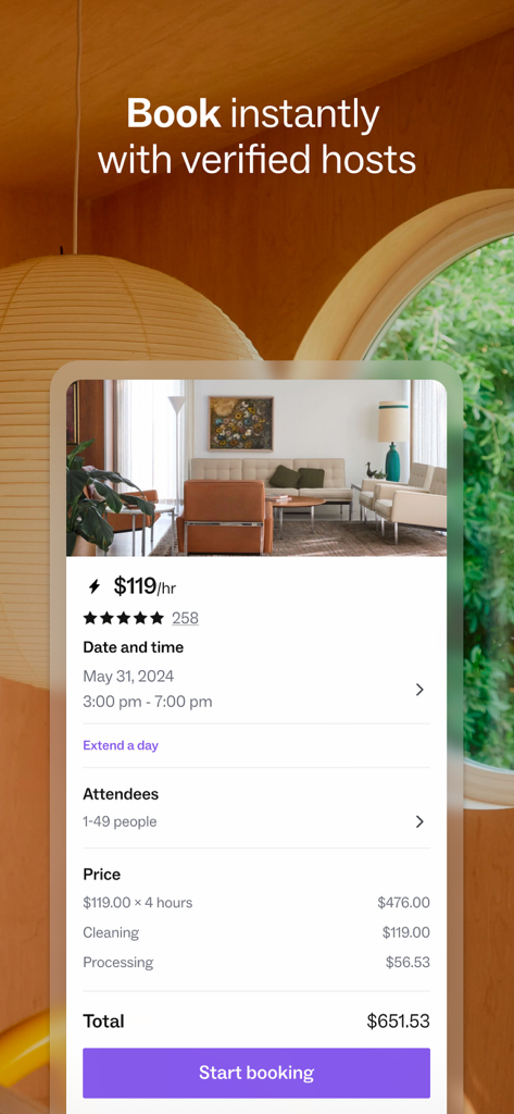 Peerspace - Rent Unique Venues - Interfaccia dell'app mobile Peerspace che mostra un riepilogo della prenotazione di una location con prezzi orari e verifica dell'host.