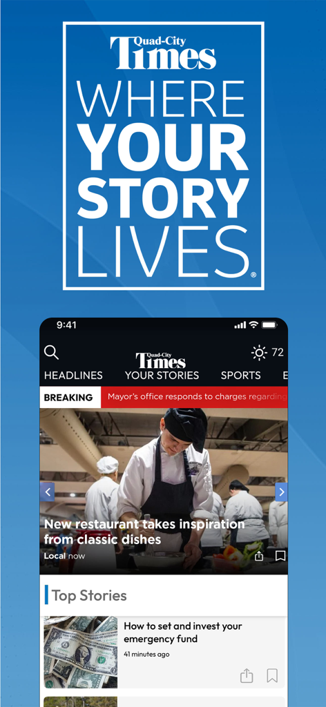 QCTimes - Quad-City Times mobile app home screen with local news headlines and breaking stories