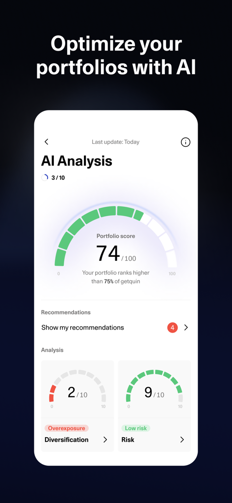 getquin - Portfolio Tracker - Pantalla de análisis de IA de la aplicación getquin que muestra la puntuación de la cartera y las métricas de riesgo