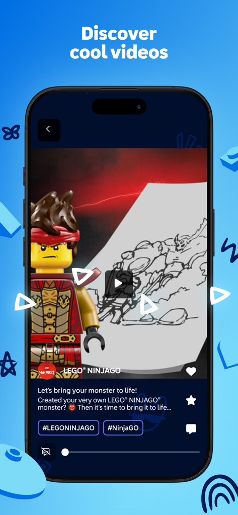 The Discover cool videos screen in the LEGO Play app featuring a Ninjago character and creative building inspiration.