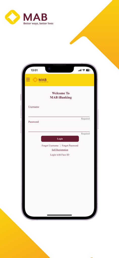 MAB iBanking - MAB iBanking mobile app login screen with username and password fields