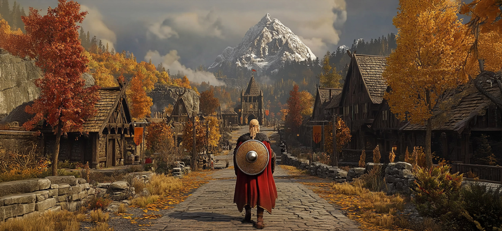 Evil Lands: Epic MMORPG game - Un guerriero con un mantello rosso cammina attraverso un villaggio medievale verso una montagna innevata in Evil Lands MMORPG