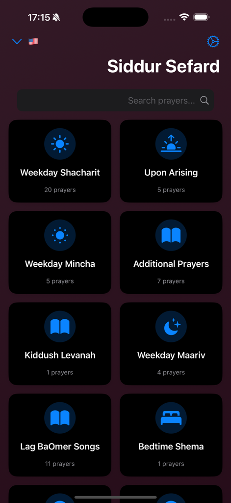 Siddur - Edot HaMizrach - Main dashboard of the Siddur Edot HaMizrach app showing prayer categories like Shacharit and Mincha in dark mode