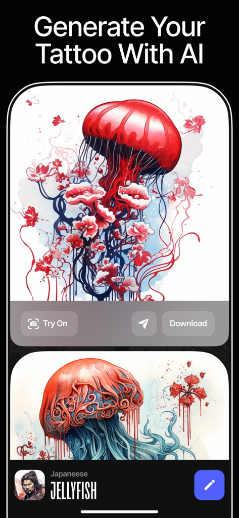 InkAI: AI Tattoo Generator - InkAI app screen showing AI generated jellyfish tattoo designs with try on and download options