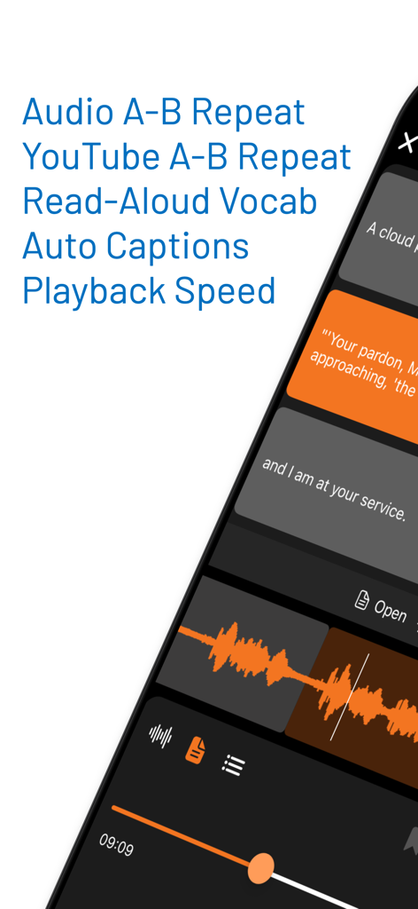 Listen Repeat - AB Repeat - Interfaz de la aplicación Listen Repeat que muestra las funciones de repetición A-B y subtítulos automáticos con una forma de onda de audio
