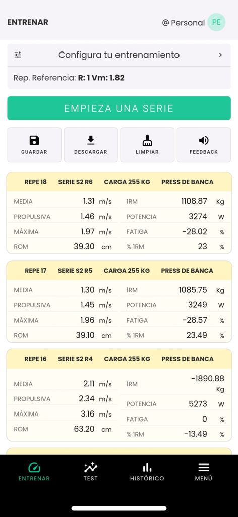 ADR System - ADR System mobile app interface showing velocity and power metrics for bench press repetitions