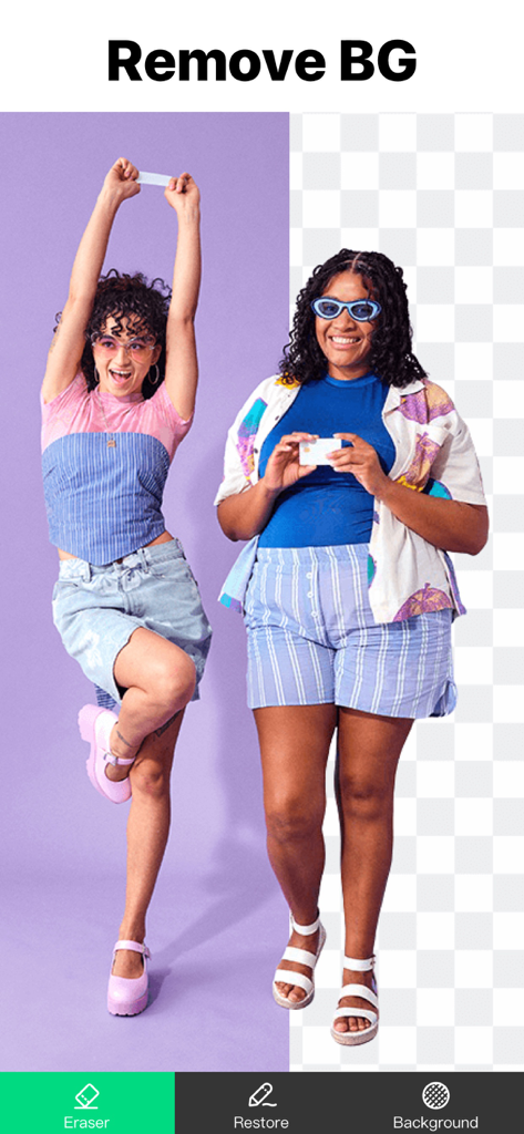 Interfaz de la app Object Removal AI Retouch mostrando una comparación de antes y después de la herramienta de eliminación de fondo en una foto de dos mujeres