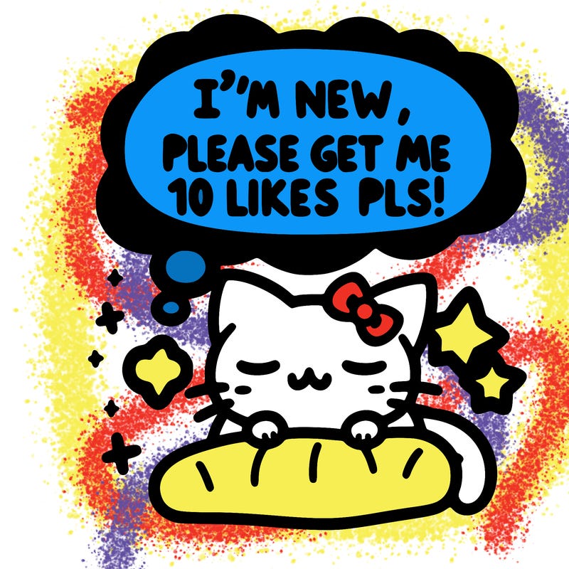 kitty taking a nap dream talking and saying "i'm new, please get me at least 10 likes pls!!"