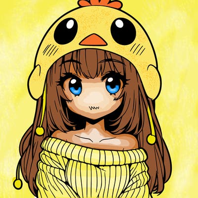 anime girl with chick shaped hat with sweater with bare shoulders with bangs covering them one eye with low tail