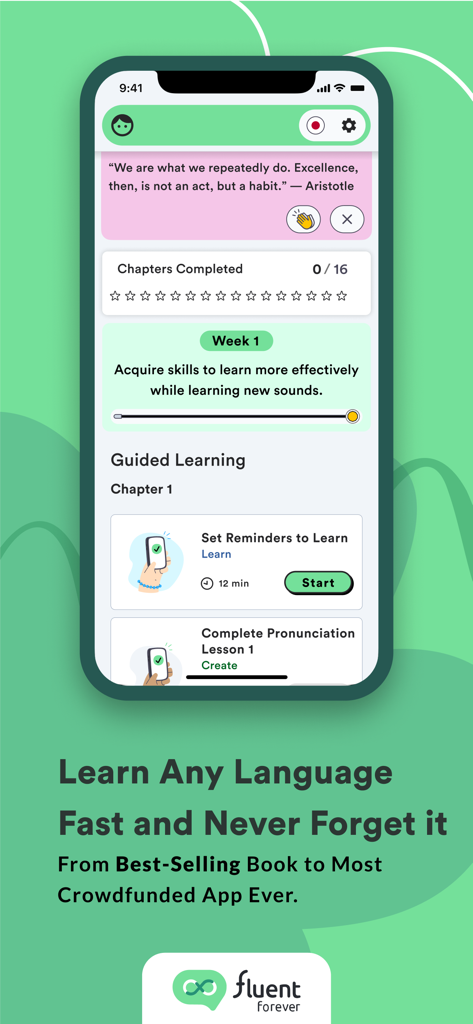Dashboard di apprendimento guidato dell'app Fluent Forever che mostra il progresso dei capitoli e le lezioni di pronuncia