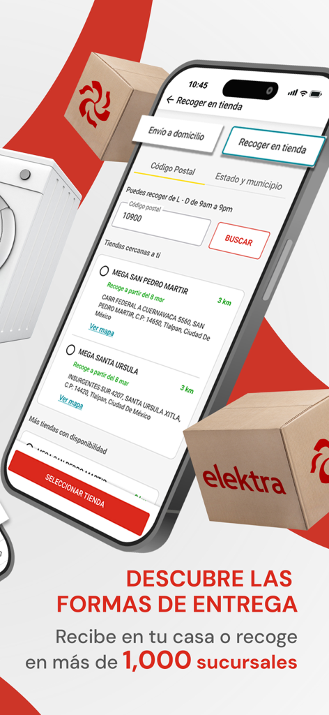 Smartphone interface of Elektra app displaying home delivery and store pickup options in Mexico