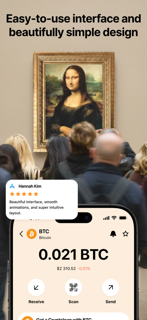 Cropty wallet – Bitcoin & USDT - Cropty Wallet app showing Bitcoin balance and a user review with the Mona Lisa painting in the background.