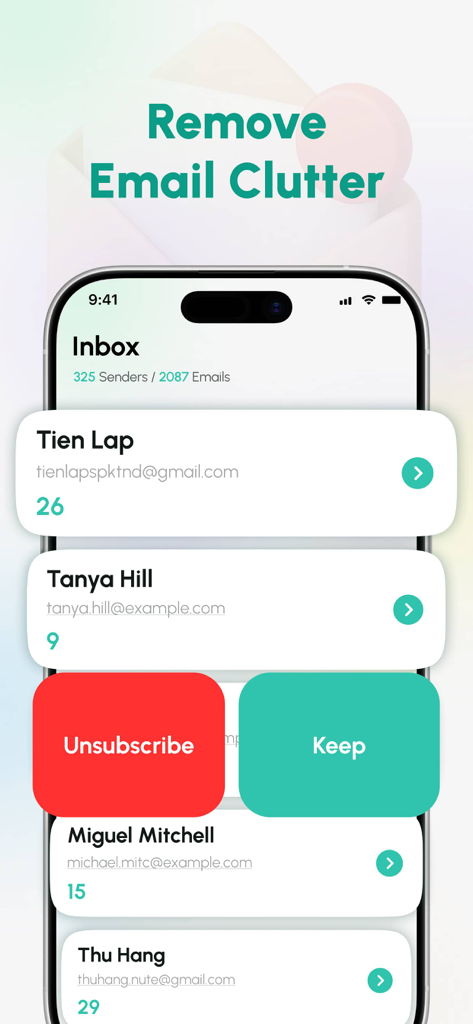 AI Cleaner app interface showing options to unsubscribe from emails and declutter the inbox