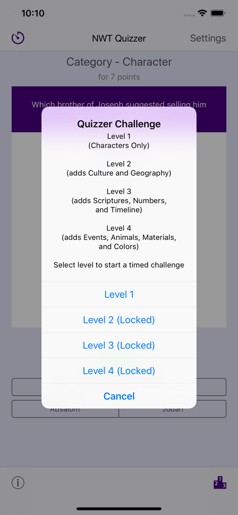 NWT Quizzer - Selection menu for the Quizzer Challenge mode in the NWT Quizzer app showing levels and categories.