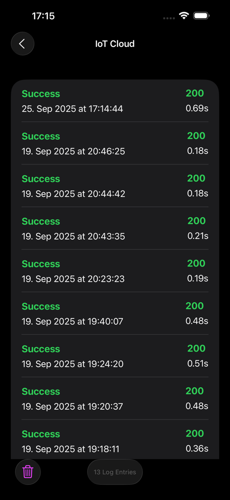 Server monitoring log history showing successful status codes and response times