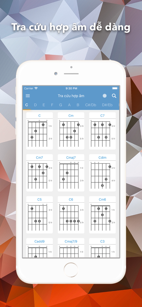 Mobile app screen showing a grid of guitar chord diagrams for easy lookup