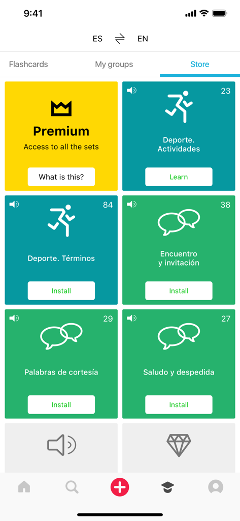 A variety of thematic flashcard sets for learning Spanish and English vocabulary in the Language Live app