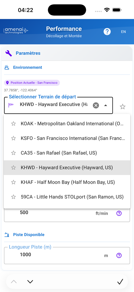Mobile app interface of Aircraft Perf Calculator showing a dropdown menu to select a departure airport from a list near San Francisco