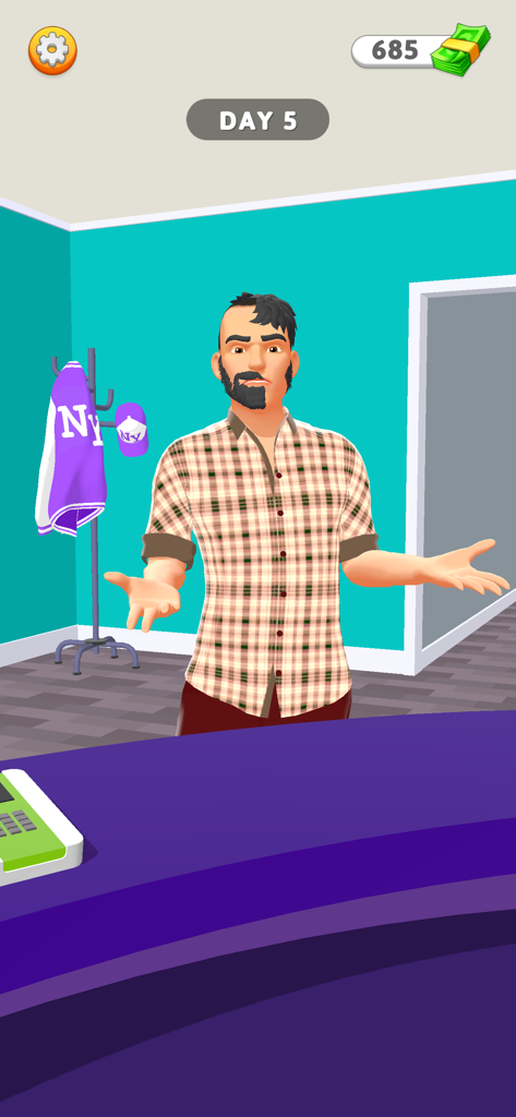 Un cliente con la mitad de la cabeza y la barba rapada en el juego Hair Tattoo Barber Shop.