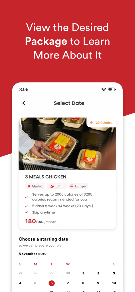 Redbox healthy food - Interfaz de la app Redbox Healthy Food mostrando un plan de suscripción de tres comidas de pollo y un calendario para seleccionar una fecha de inicio