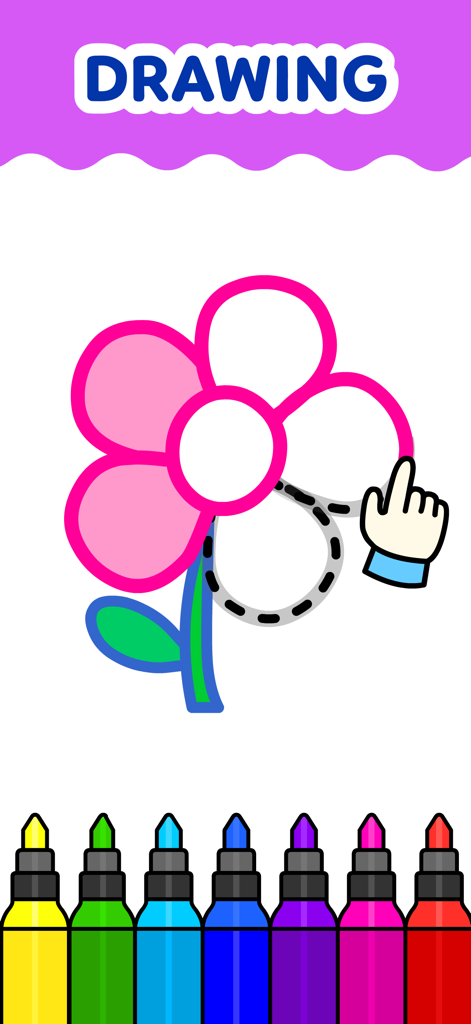 Step by step flower drawing game for kids with colorful markers