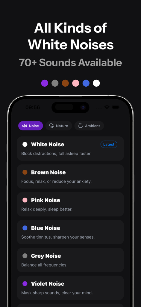 Smartphone screen showing a selection of colored noises including white brown and pink noise for sleep and focus