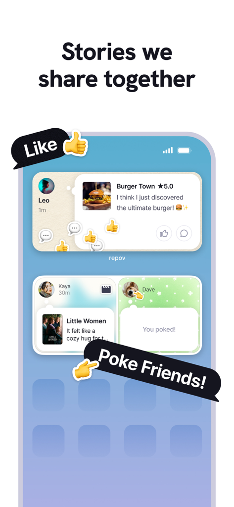 Una pantalla de inicio móvil que presenta widgets de repov que muestran reseñas de amigos sobre comida y películas con interacciones sociales.