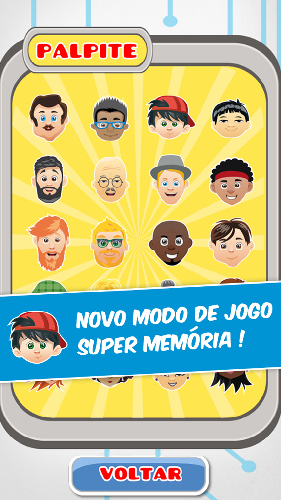 Screenshot of the Cara a Cara app showing a grid of cartoon character faces and a blue banner announcing the new Super Memory game mode