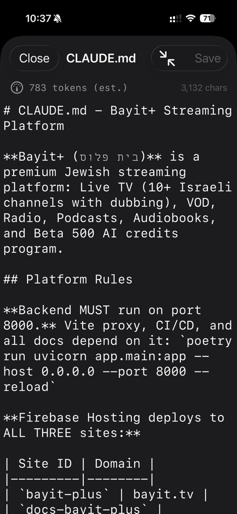 Claudette Mobile - Claudette Mobile app displaying project instructions in the CLAUDE.md viewer