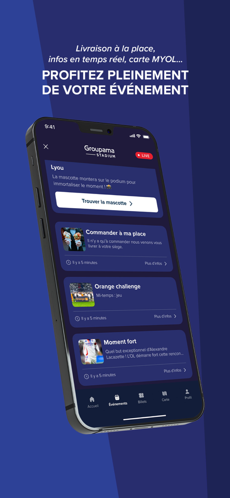 Groupama Stadium - Mobile interface of the Groupama Stadium app displaying real time event information and in seat food ordering options
