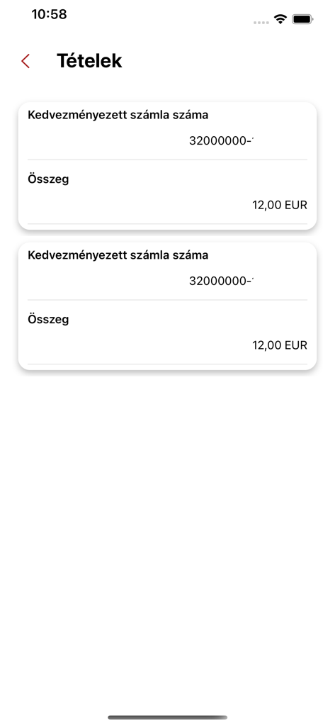 ViCA - Mobile screenshot of the ViCA app displaying transaction items including beneficiary account details and Euro amounts.