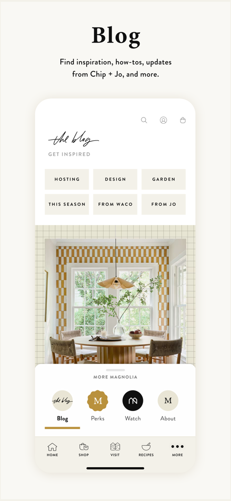 La sección del blog de la aplicación Magnolia que muestra categorías de diseño de interiores y estilo de vida.