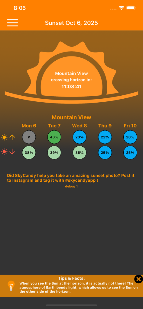 SkyCandy - Sunset Forecast App - A screenshot of the SkyCandy app showing a sunset countdown timer and a five day quality forecast for sunrise and sunset.