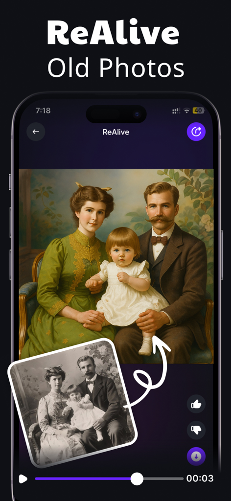 AI Video Generator: VIDIOAI - VidioAI app interface showing a black and white vintage family photo being transformed into a colorized high definition painting style video