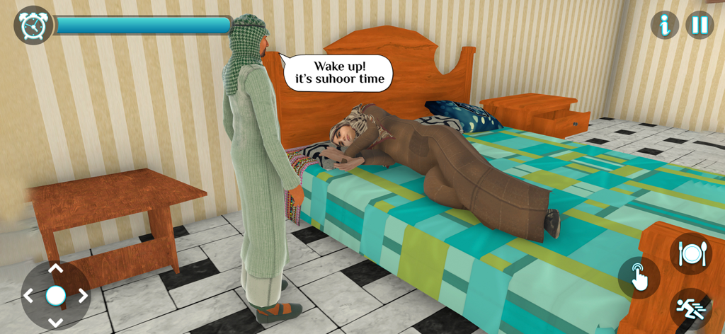 A gameplay scene from Muslim Sim Islamic Eid Game where a character is waking someone up for suhoor.