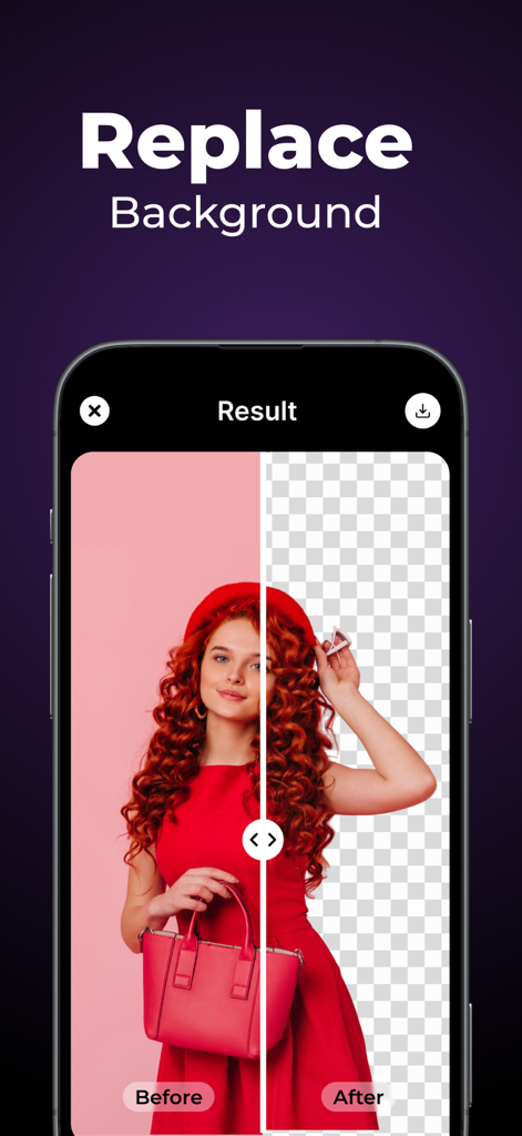 Pixelate - AI Photo Enhancer - Before and after comparison of a woman in a red dress using the AI background removal tool