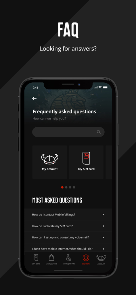 Bildschirm mit häufig gestellten Fragen in der My Viking Mobile App mit einer Suchleiste und Support-Kategorien