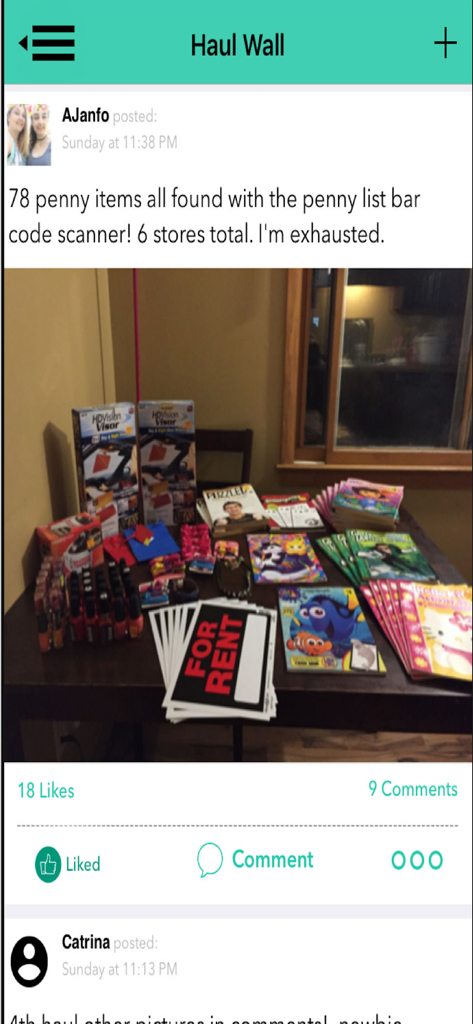 A user post on the Penny Finder Haul Wall showing a table full of 78 penny items found using the app scanner