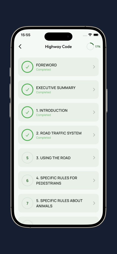 Menu of study sections for the Zimbabwe Highway Code in the Provisional app showing progress and completed lessons.