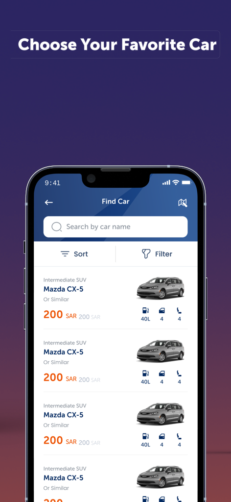 Budget Saudi Car Rental - Interface of the Budget Saudi car rental app showing a list of available SUVs like the Mazda CX-5 for rent.