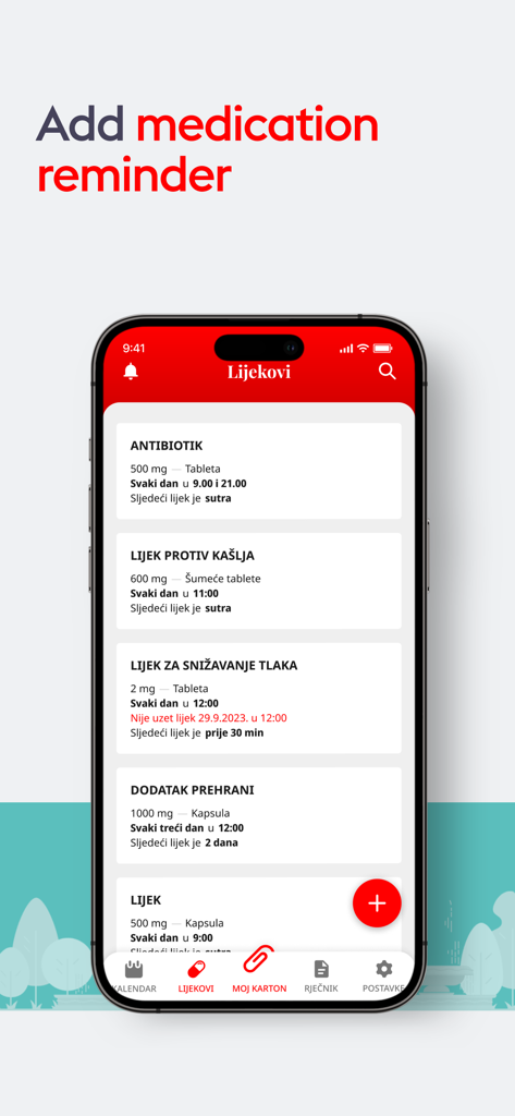 Meddox - Meddox app interface showing a list of medication reminders with dosage and schedules on a smartphone.