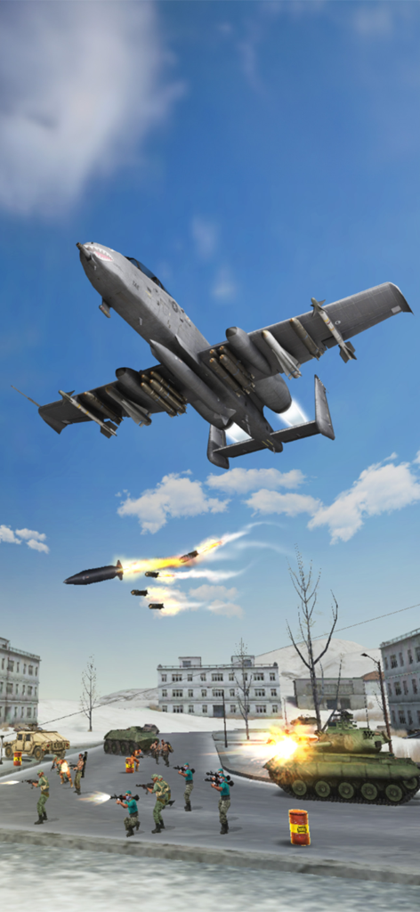 Sky Defense: War Duty - A military fighter jet dropping bombs on a tank and soldiers in an urban combat zone
