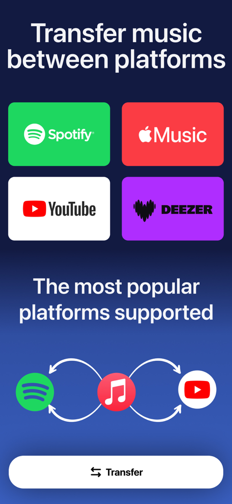 Interface showing music transfer options between Spotify Apple Music YouTube and Deezer