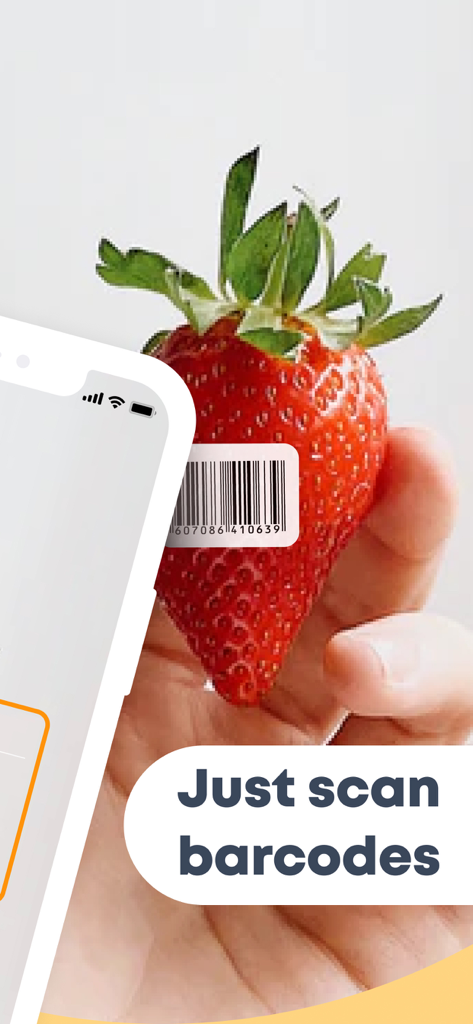 A hand holding a strawberry with a barcode label showing the ScanFood app barcode scanner feature