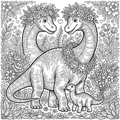 Celebrate Mother's Day with this heartwarming Patagotitan dinosaur coloring page featuring a loving family amidst lush floral designs. Perfect for dinosaur enthusiasts of all ages, this intricate illustration offers a delightful way to honor moms.