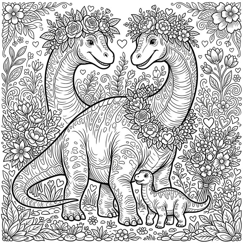 Celebrate Mother's Day with this heartwarming Patagotitan dinosaur coloring page featuring a loving family amidst lush floral designs. Perfect for dinosaur enthusiasts of all ages, this intricate illustration offers a delightful way to honor moms.